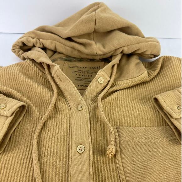 American Eagle Button Down Shirt Jacket Hoodie Brown Mustard Corduroy Cropped S - Picture 5 of 10
